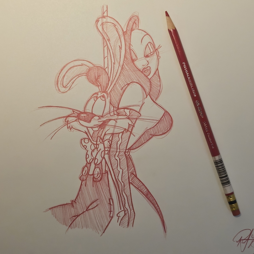 Disney Amblin Roger and Jessica Rabbit Drawing/sketch signed art animation